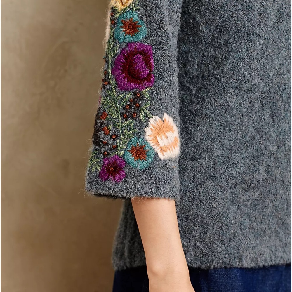 Anthro Sleeping on Snow Wool Mohair  Alpaca Blend Floral Embroidered Sweater - Picture 6 of 16